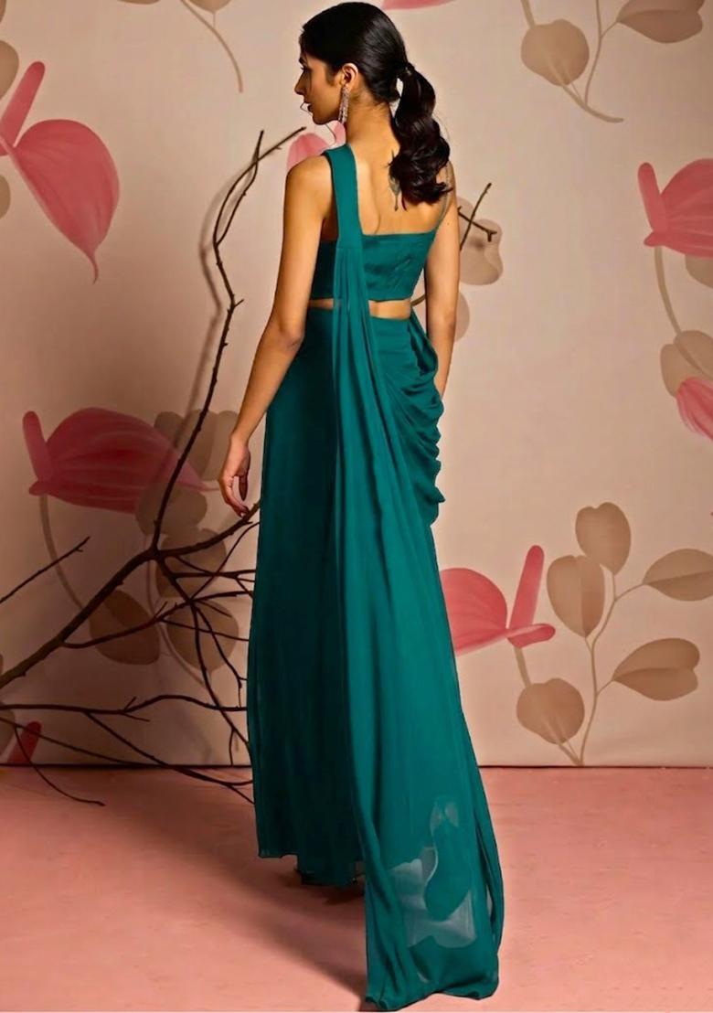 Teal Green Hand Work Embellished Pre Draped Saree Set - Indya