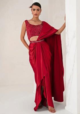 Hot Pink Hand Work Embellished Pre Draped Saree Set