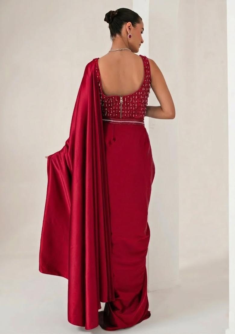 Hot Pink Hand Work Embellished Pre Draped Saree Set - Indya