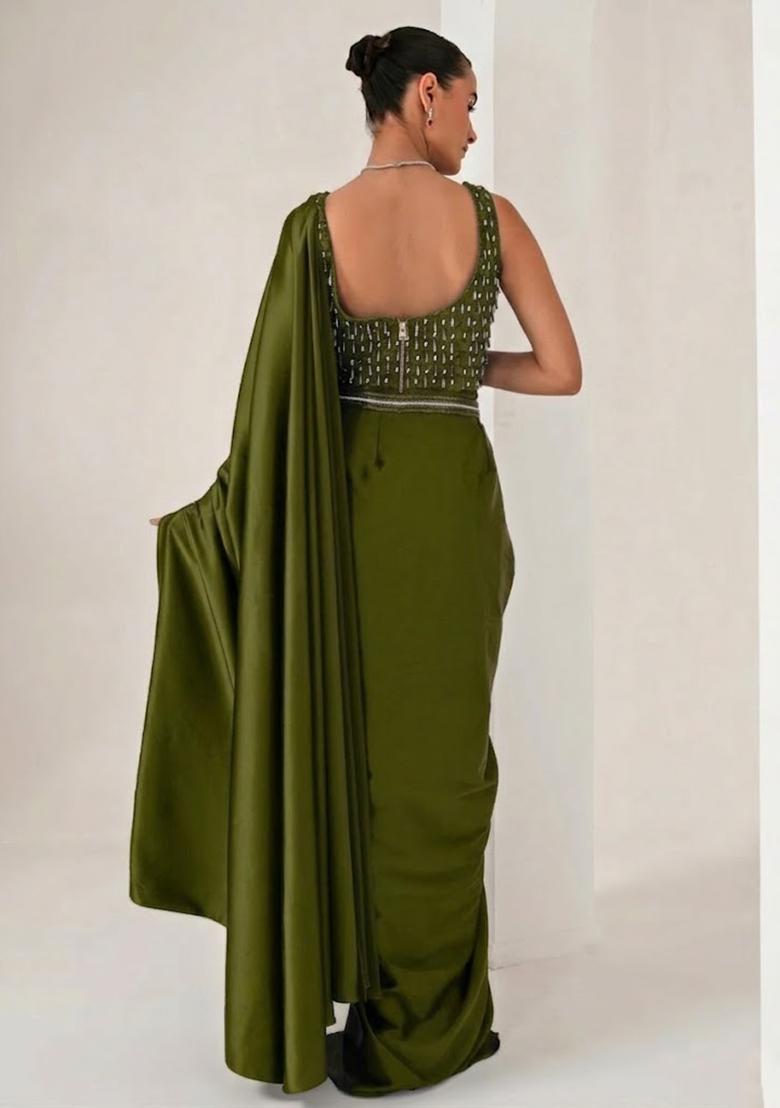 Olive Green Hand Work Embellished Pre Draped Saree Set - Indya