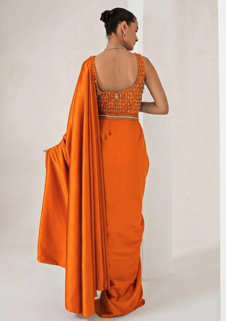 Bright Orange Hand Work Embellished Pre Draped Saree Set - Indya
