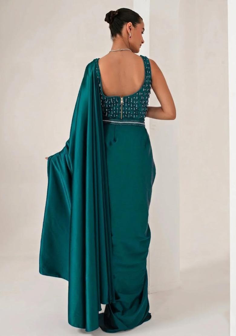 Teal Green Hand Work Embellished Pre Draped Saree Set - Indya