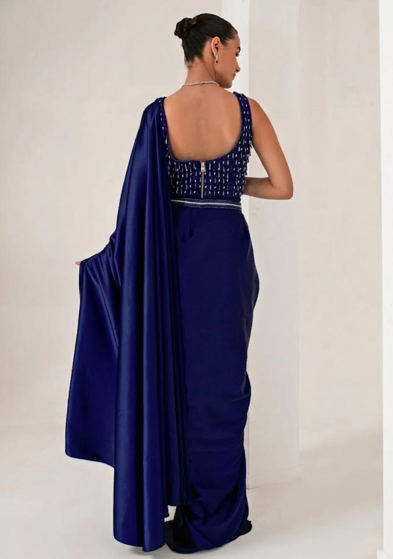 Violet Hand Work Embellished Pre Draped Saree Set - Indya