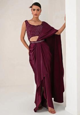 Red Hand Work Embellished Pre Draped Saree Set