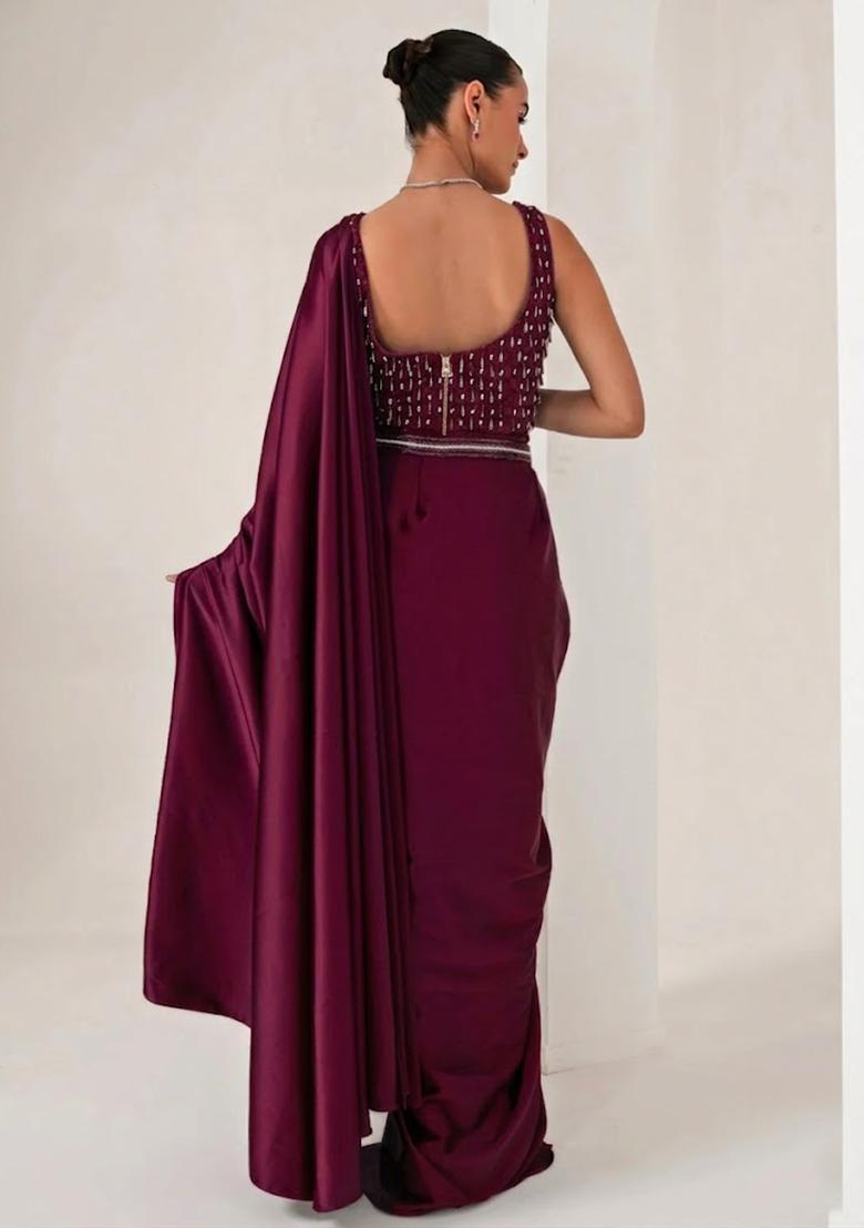 Red Hand Work Embellished Pre Draped Saree Set - Indya