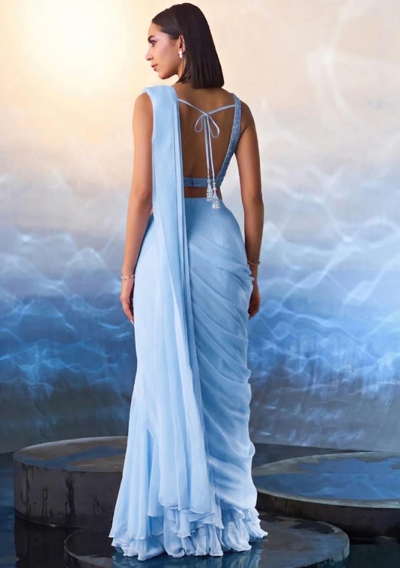 Blue Hand Work Embellished Pre Draped Saree Set - Indya