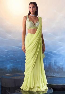 Green Hand Work Embellished Pre Draped Saree Set