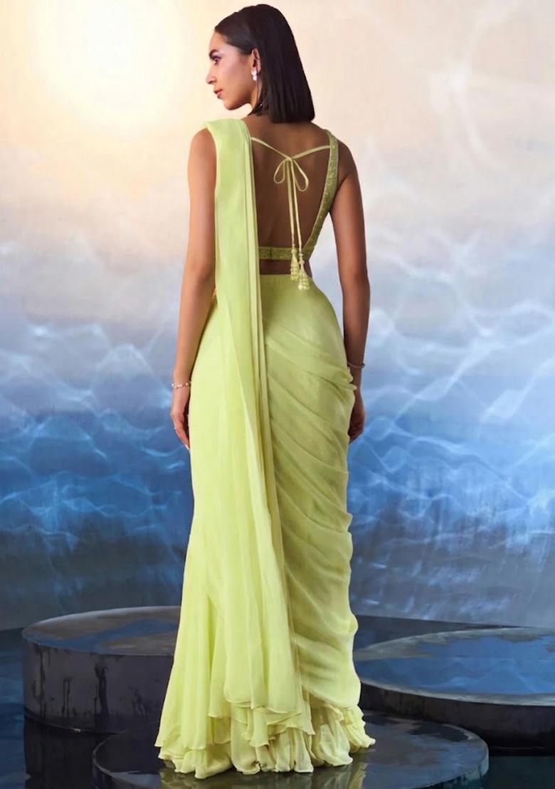 Green Hand Work Embellished Pre Draped Saree Set - Indya