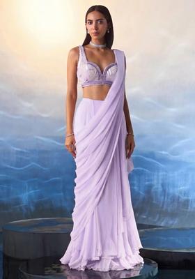Lavender Hand Work Embellished Pre Draped Saree Set