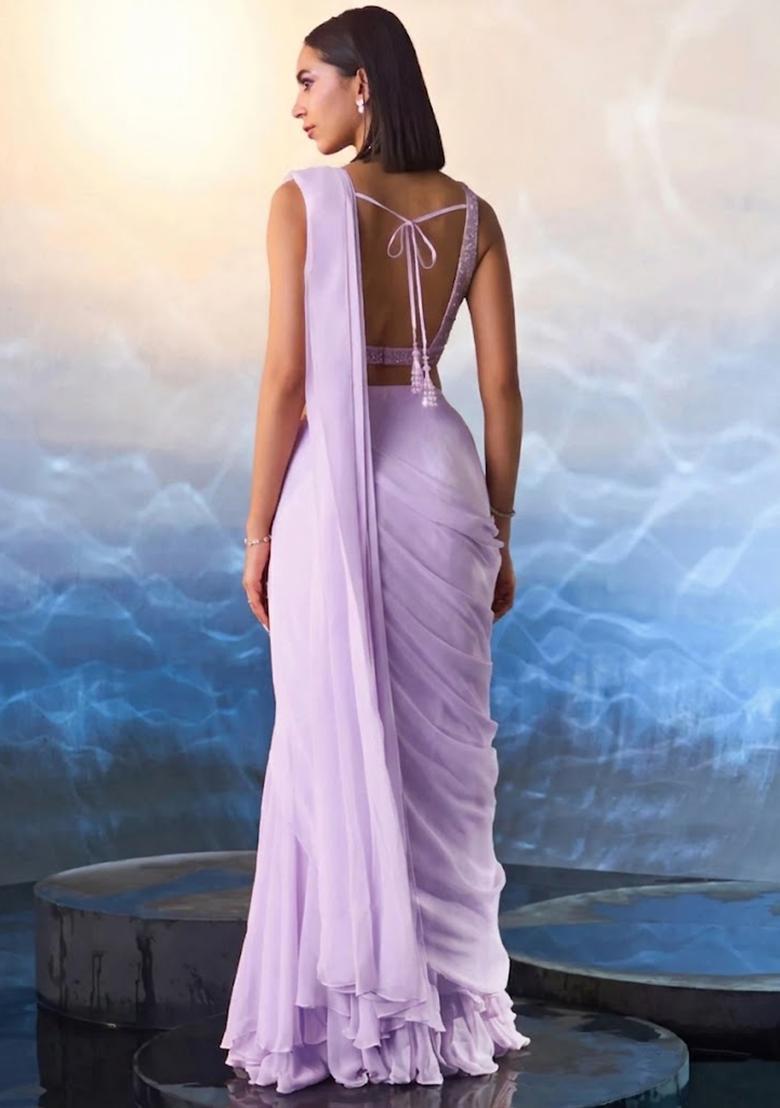 Lavender Hand Work Embellished Pre Draped Saree Set - Indya