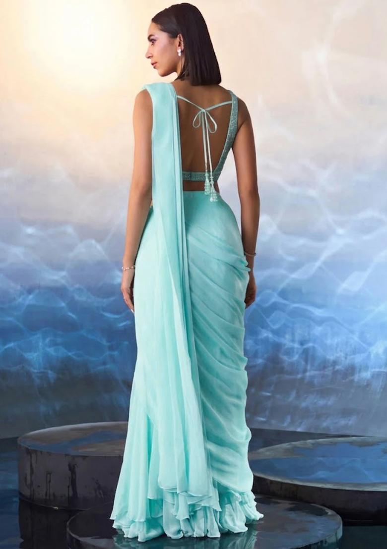 Mint Green Hand Work Embellished Pre Draped Saree Set - Indya