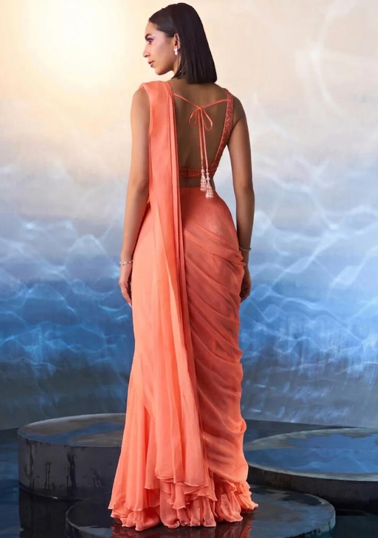 Peach Hand Work Embellished Pre Draped Saree Set - Indya