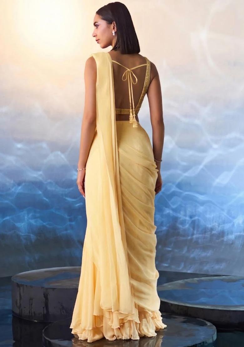Yellow Hand Work Embellished Pre Draped Saree Set - Indya