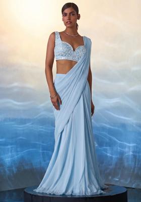 Blue Hand Work Embellished Pre Draped Saree Set
