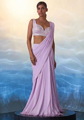 Lavender Hand Work Embellished Pre Draped Saree Set