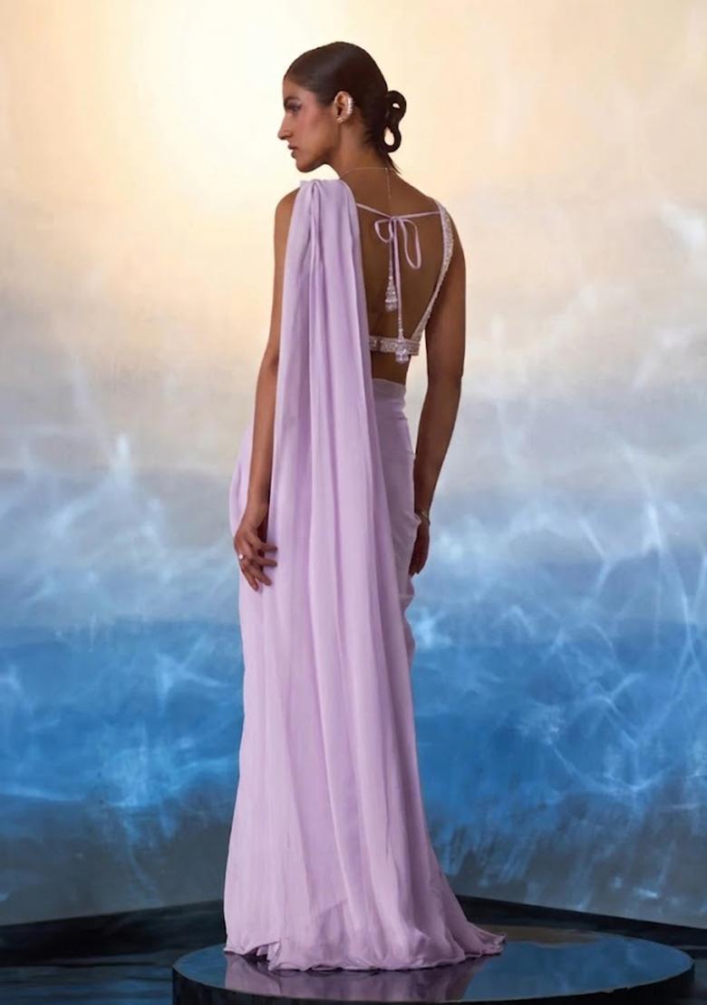 Lavender Hand Work Embellished Pre Draped Saree Set - Indya