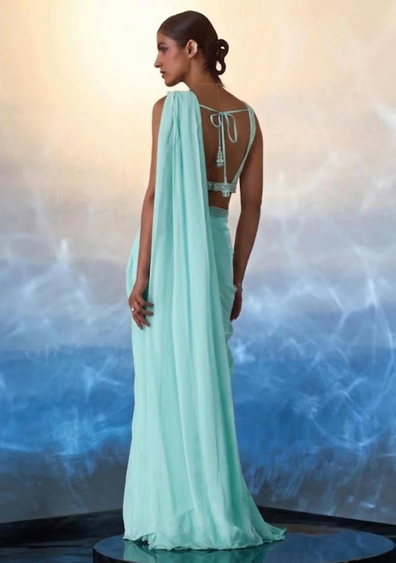 Mint Green Hand Work Embellished Pre Draped Saree Set - Indya