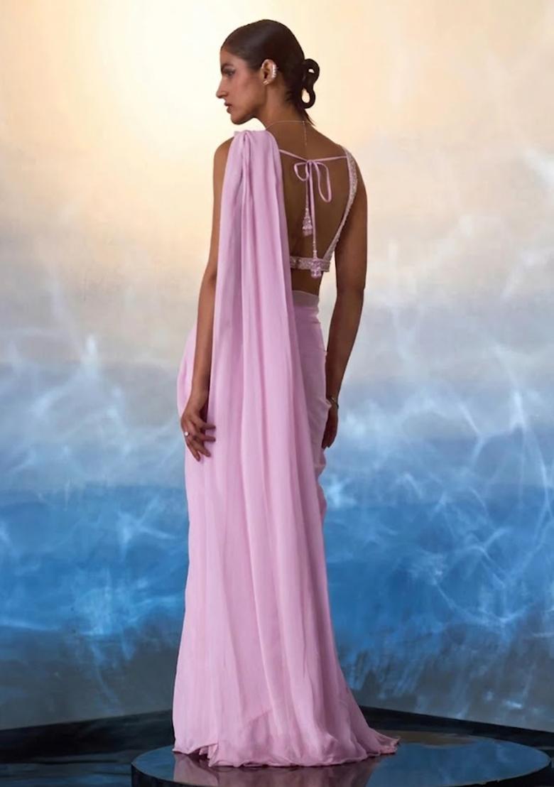 Pink Hand Work Embellished Pre Draped Saree Set - Indya