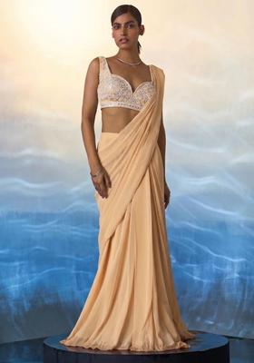 Yellow Hand Work Embellished Pre Draped Saree Set