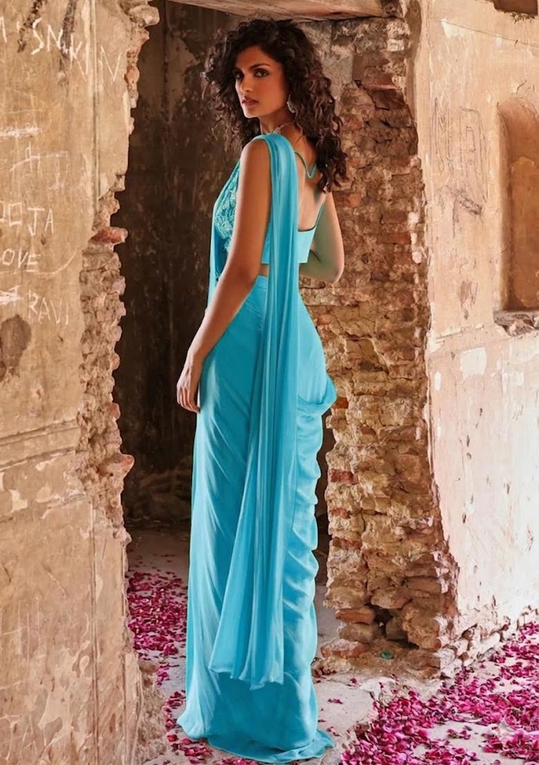 Blue Hand Work Embellished Pre Draped Saree Set - Indya