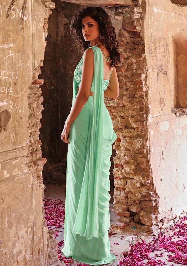 Green Hand Work Embellished Pre Draped Saree Set - Indya