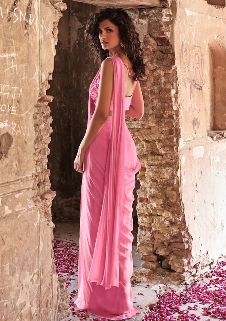 Pink Hand Work Embellished Pre Draped Saree Set - Indya