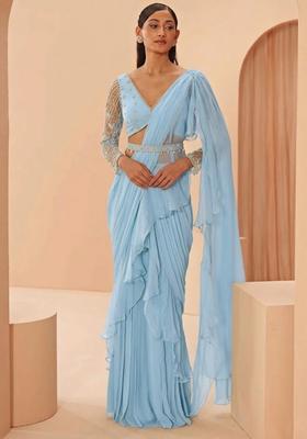Blue Hand Work Embellished Pre Draped Saree Set