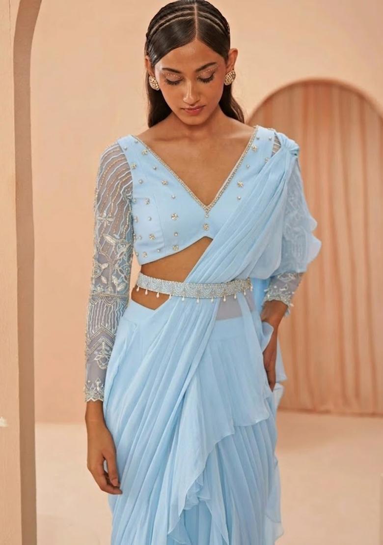 Blue Hand Work Embellished Pre Draped Saree Set - Indya