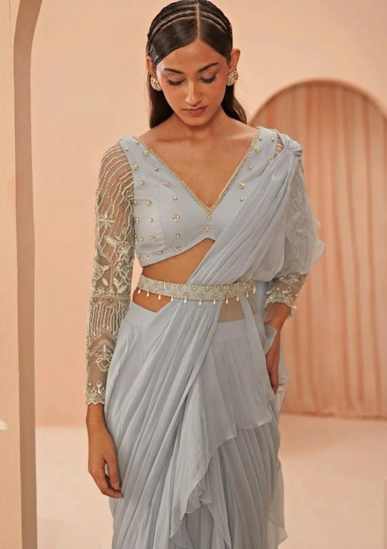 Grey Hand Work Embellished Pre Draped Saree Set - Indya