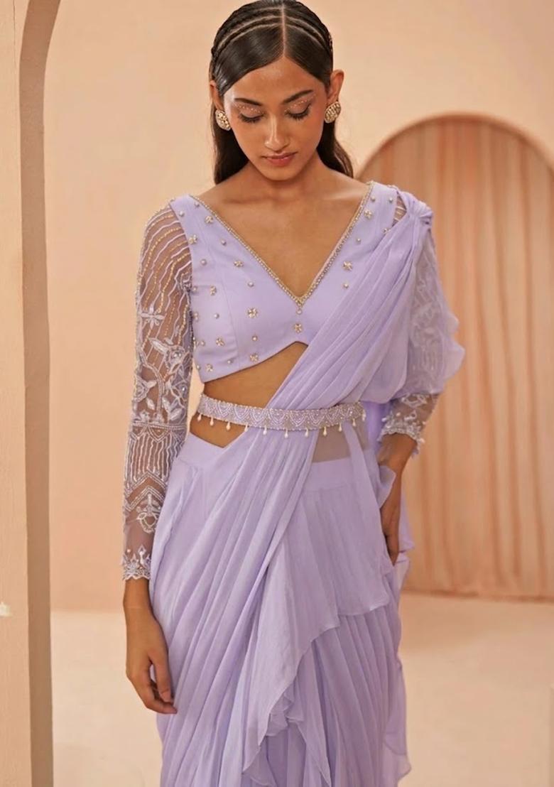 Lavender Hand Work Embellished Pre Draped Saree Set - Indya