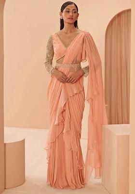 Peach Hand Work Embellished Pre Draped Saree Set