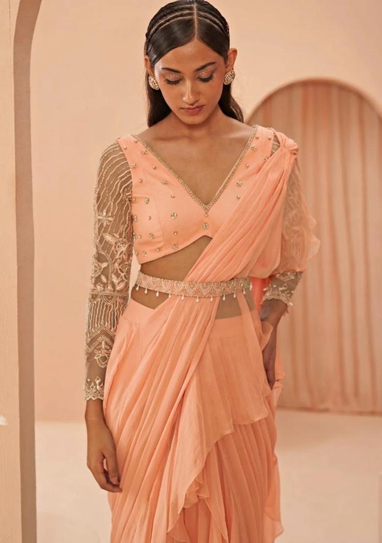 Peach Hand Work Embellished Pre Draped Saree Set - Indya
