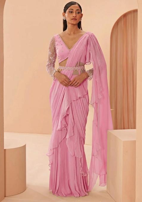 Pink Hand Work Embellished Pre Draped Saree Set