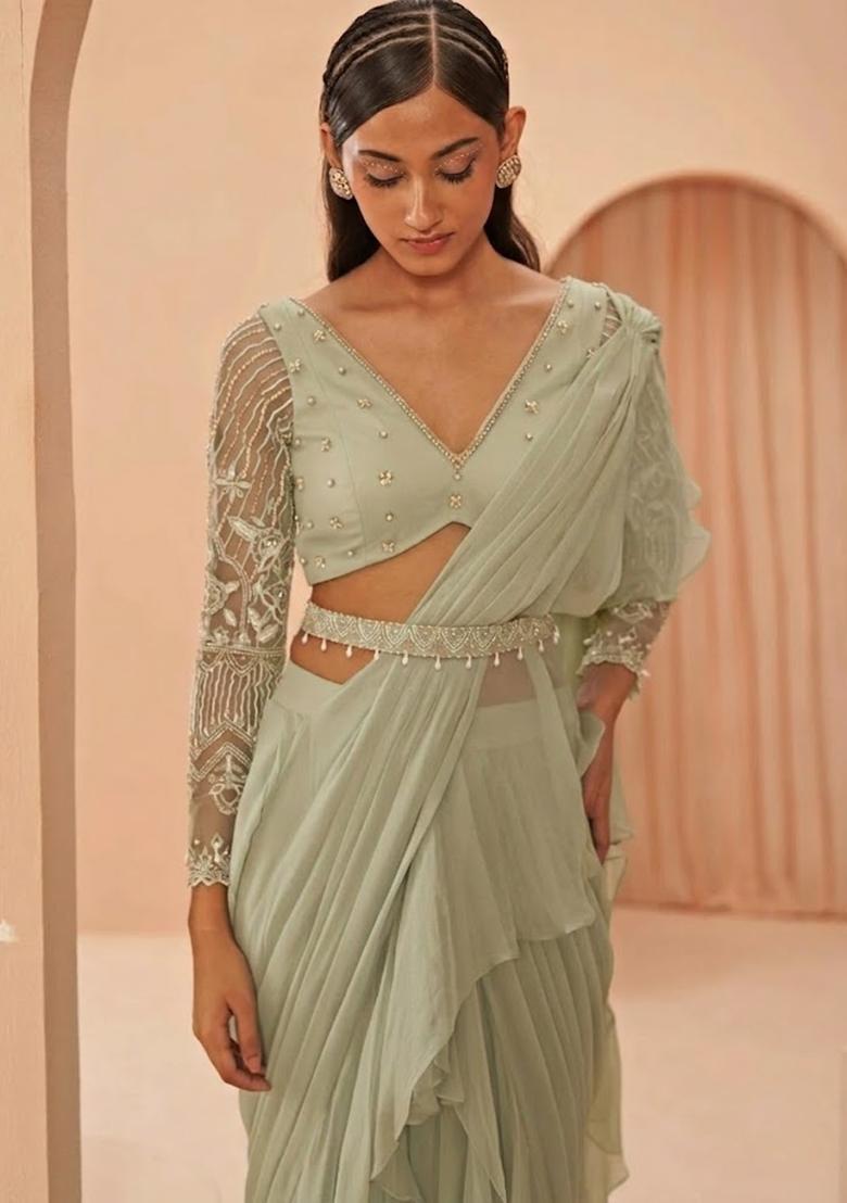 Sage Green Hand Work Embellished Pre Draped Saree Set - Indya