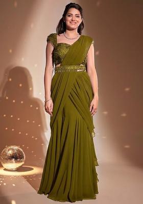 Olive Green Hand Work Embellished Pre Draped Saree Set