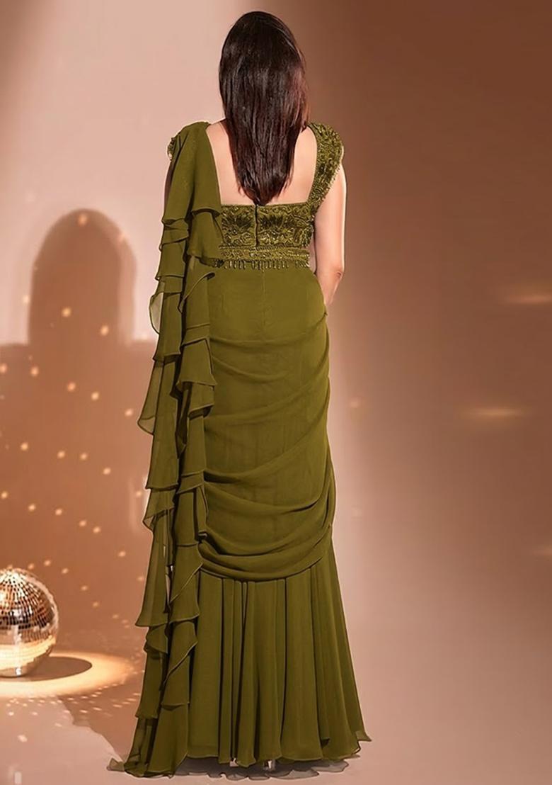 Olive Green Hand Work Embellished Pre Draped Saree Set - Indya