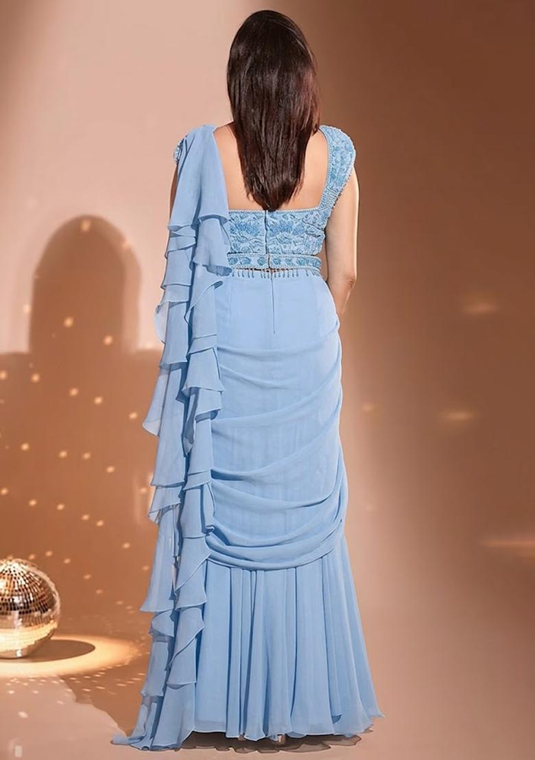 Light Blue Hand Work Embellished Pre Draped Saree Set - Indya
