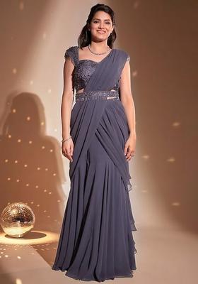 Blue Hand Work Embellished Pre Draped Saree Set