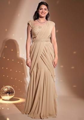 Beige Hand Work Embellished Pre Draped Saree Set