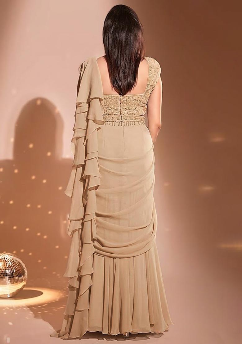 Beige Hand Work Embellished Pre Draped Saree Set - Indya