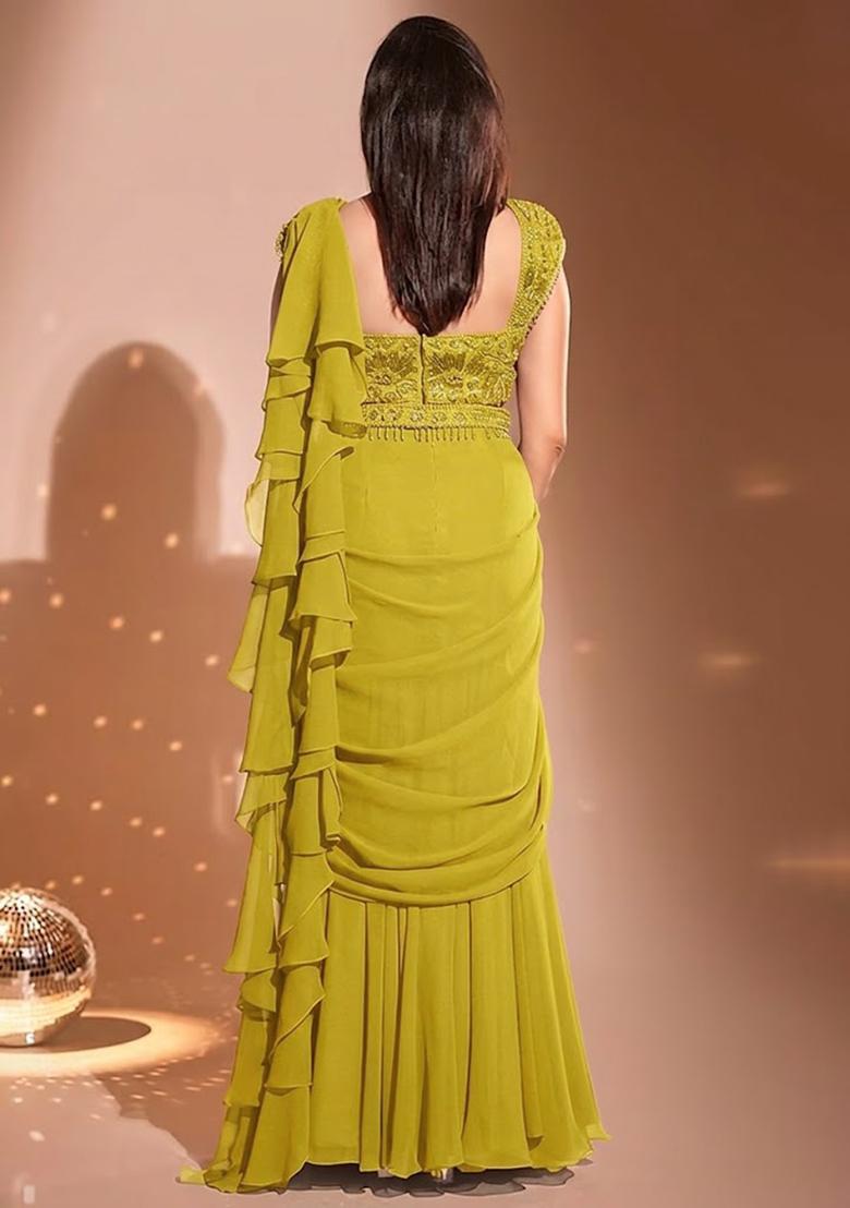 Light Green Hand Work Embellished Pre Draped Saree Set - Indya