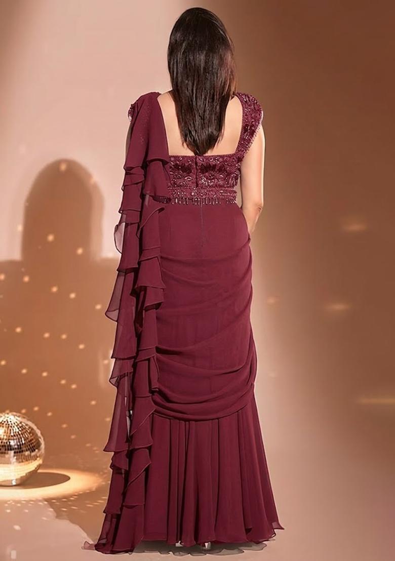 Bright Red Hand Work Embellished Pre Draped Saree Set - Indya