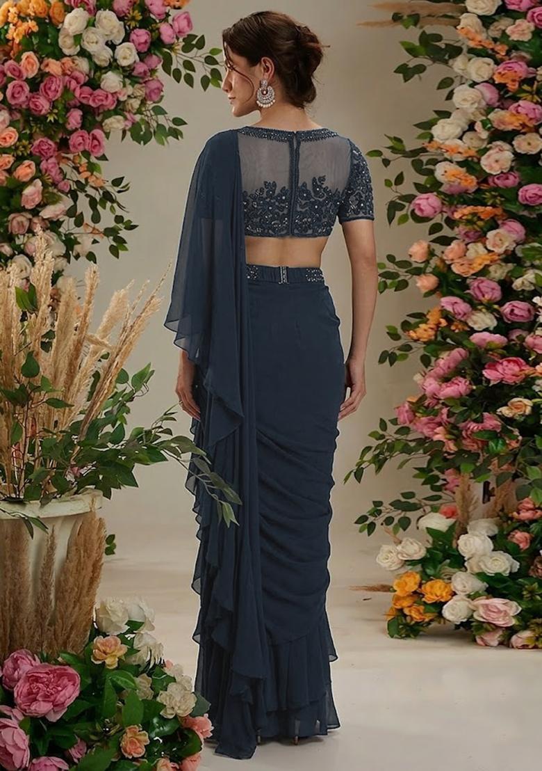 Deep Blue Hand Work Embellished Pre Draped Saree Set - Indya