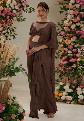 Dark Brown Hand Work Embellished Pre Draped Saree Set