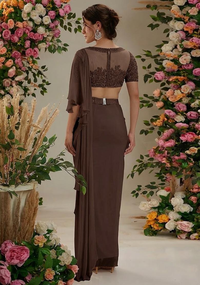 Dark Brown Hand Work Embellished Pre Draped Saree Set - Indya