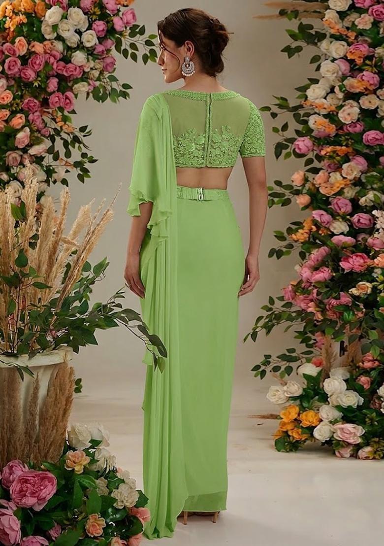 Lime Green Hand Work Embellished Pre Draped Saree Set - Indya