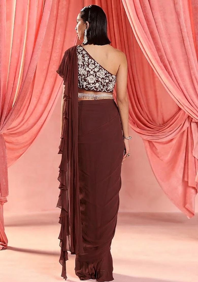 Dark Brown Hand Work Embroidered Pre Draped Saree Set - Indya