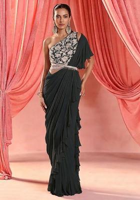 Dark Grey Hand Work Embroidered Pre Draped Saree Set