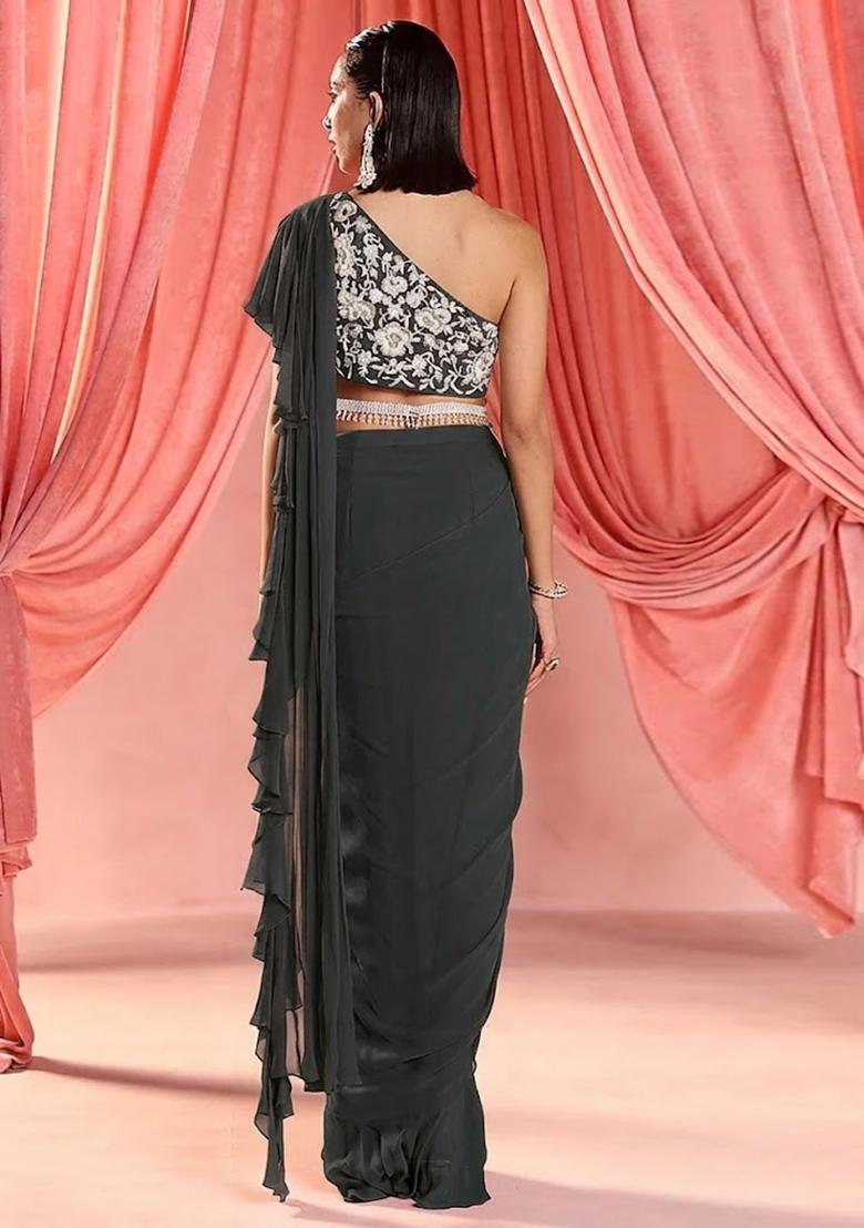 Dark Grey Hand Work Embroidered Pre Draped Saree Set - Indya