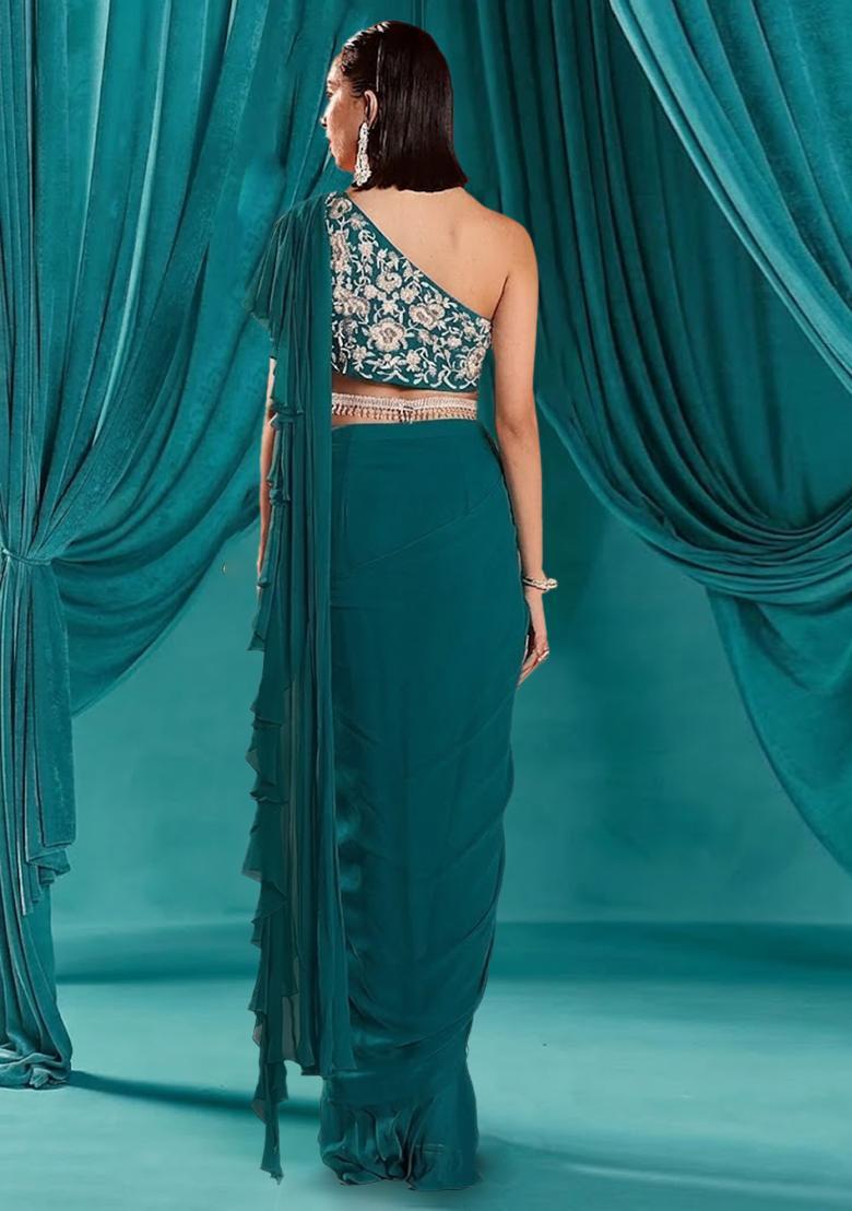 Teal Green Hand Work Embroidered Pre Draped Saree Set - Indya